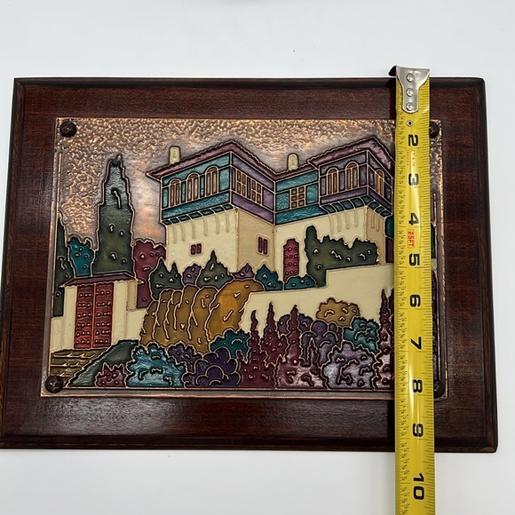 Vintage Handmade Greek Aethra Enameled Copper Wall Hanging with Wooden Frame - Picture 11 of 11